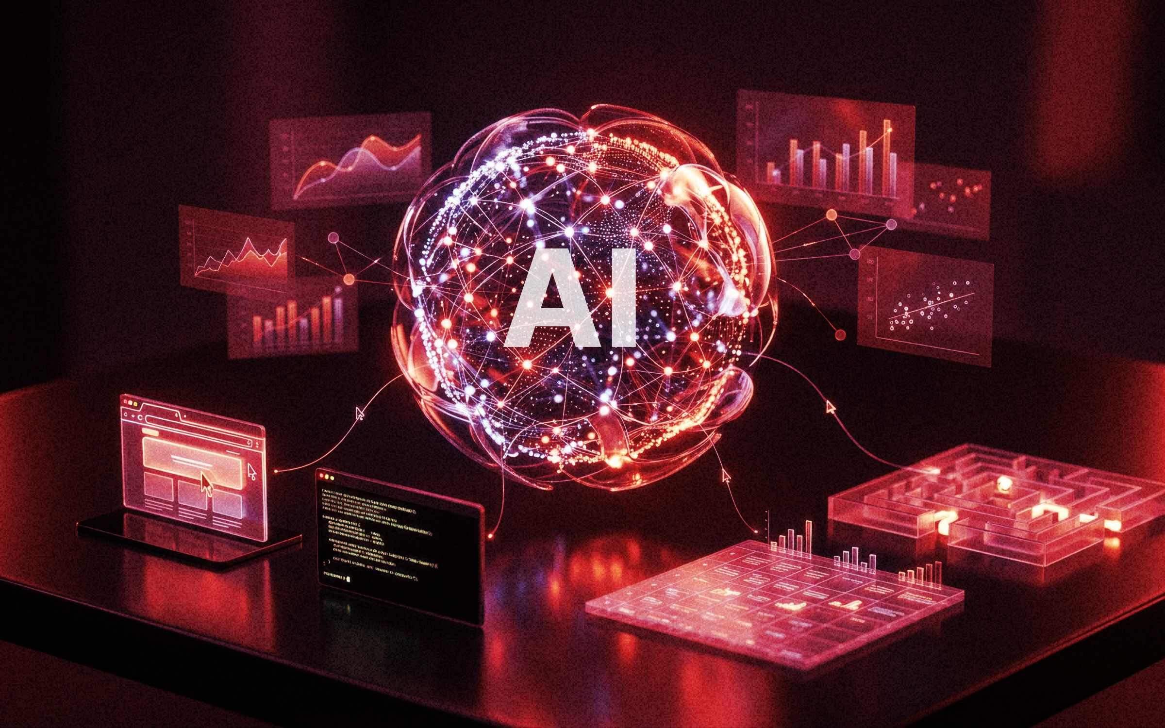 Futuristic illustration of a glowing AI sphere surrounded by interconnected data points, charts, code screens and digital workflow diagrams, representing AI risk debt, enterprise AI governance, security visibility and the growing complexity of managing AI systems and data flows.