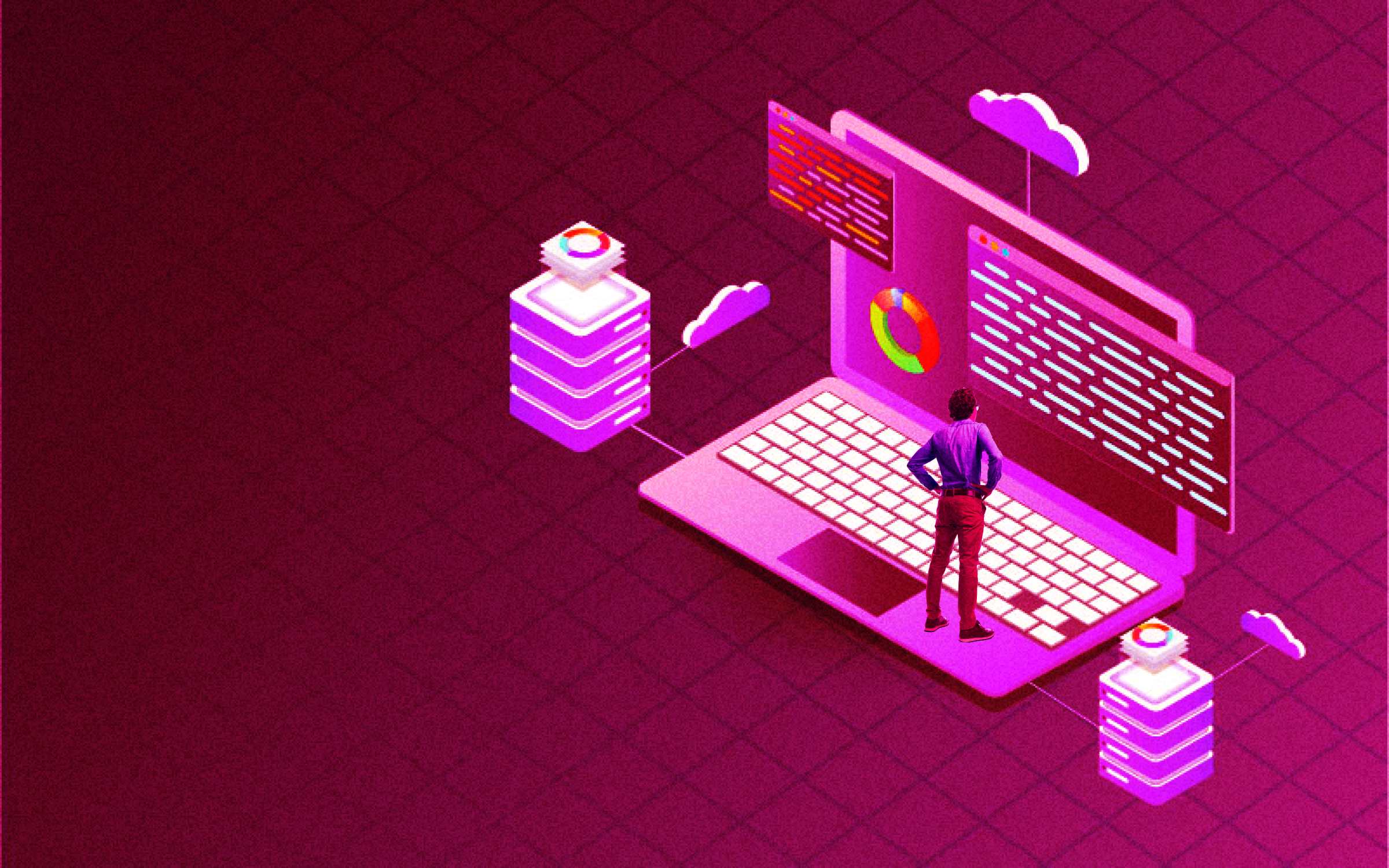 Illustration of a person standing at a laptop displaying code, data visualizations and cloud-connected panels, with server stacks and cloud icons surrounding the device, representing cloud forensics, cybersecurity investigations, log analysis and digital evidence collection after a cyber incident.