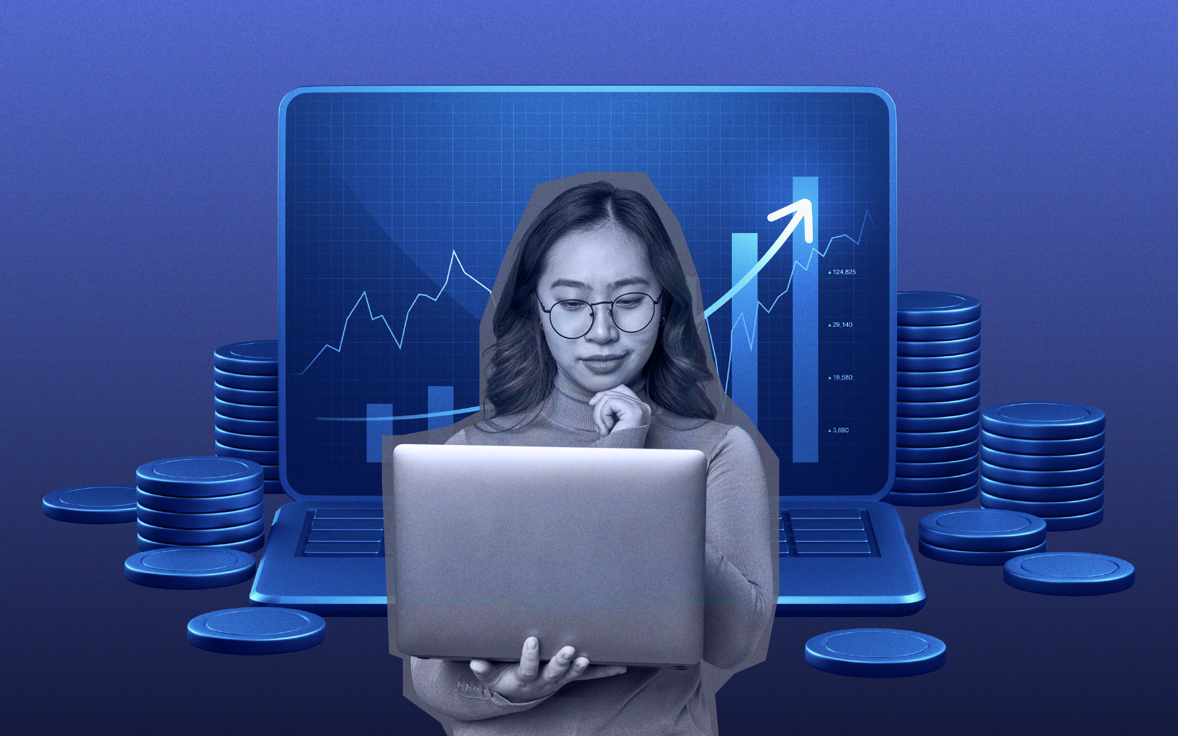 image of a young woman with a focused expression and she is holding a laptop. Behind her there is an image of a laptop showing a bar graphic and coins