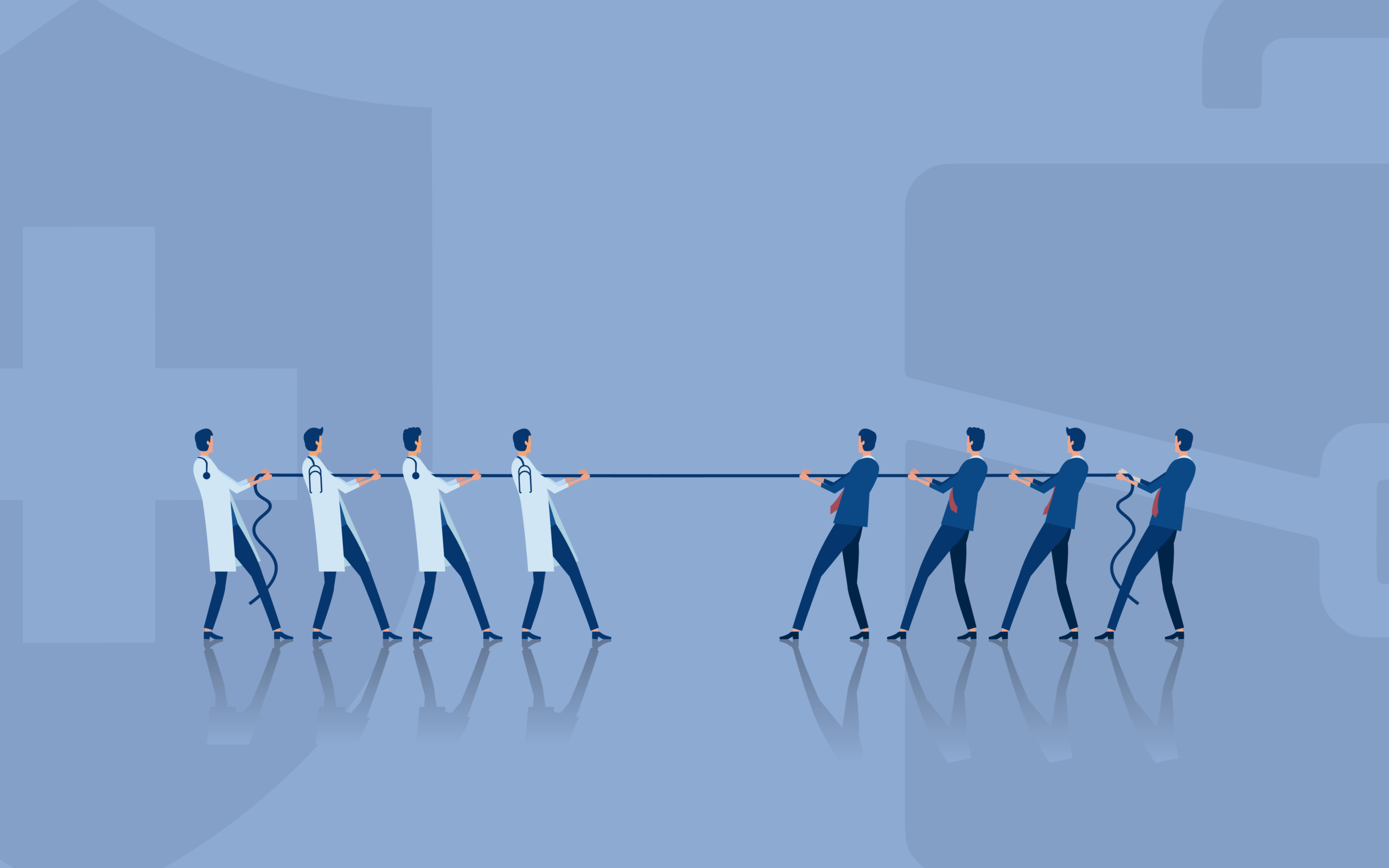 Illustration of a rope pull game, one side being doctors and the other businessmen. Representing competition, problems between the business side of healthcare and the provider side, or healthcare M&A.