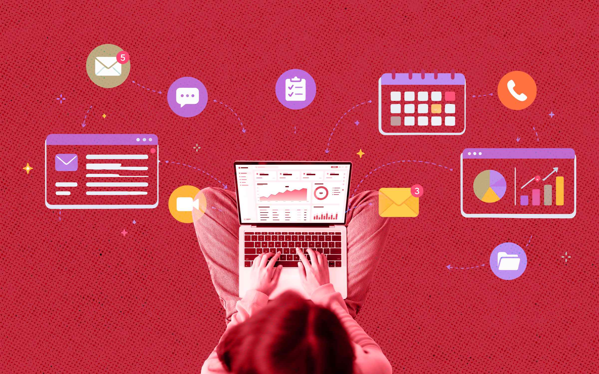 A person sits cross-legged with a laptop surrounded by icons for communication, scheduling, and productivity, symbolizing solopreneurs creating accountability for themselves through interconnected digital workflows and self-managed organization.