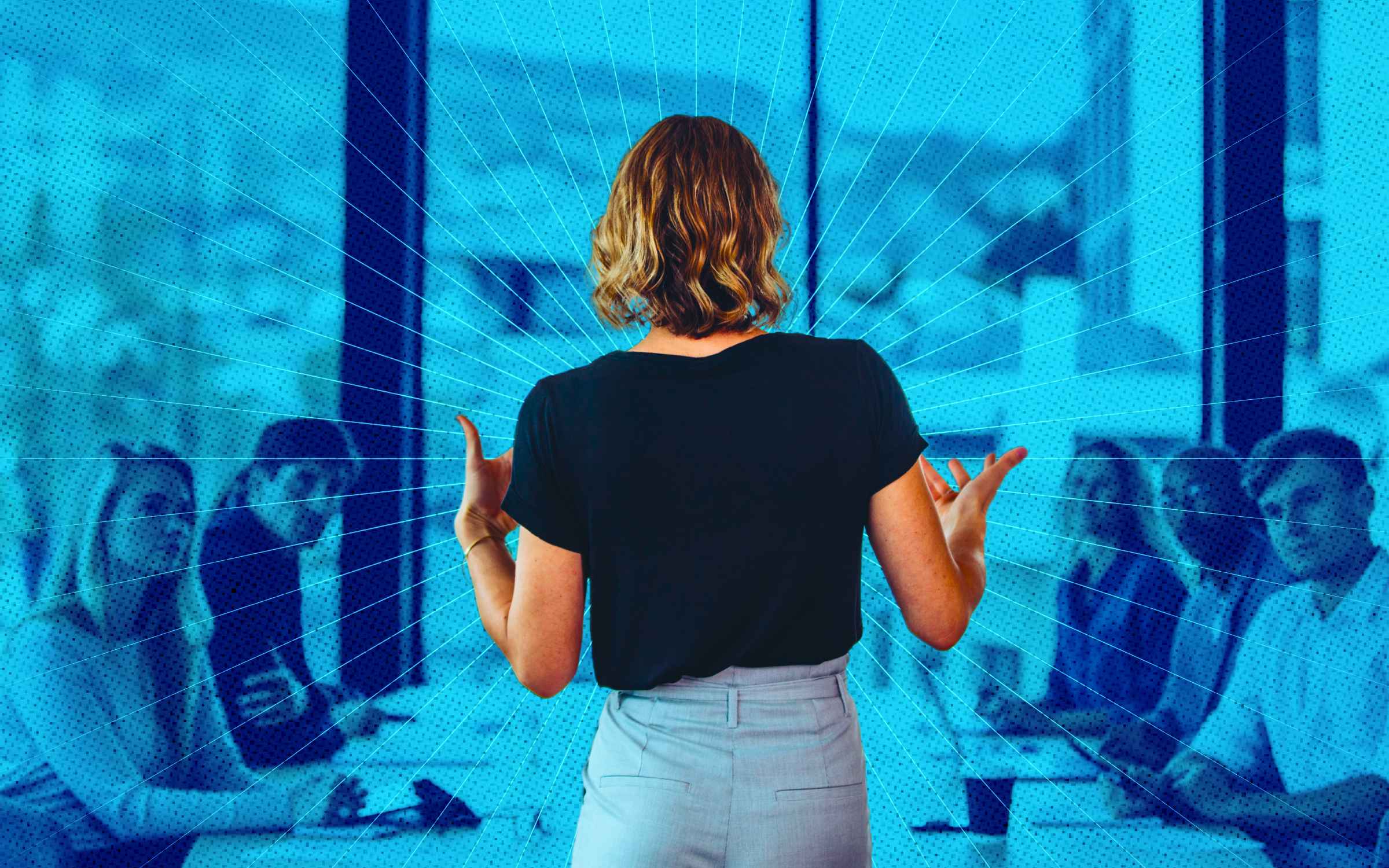 A person stands gesturing in front of colleagues seated at a conference table, highlighted by radiating lines, symbolizing leadership competencies and the process of developing and evaluating leaders through communication, presence, and teamwork.