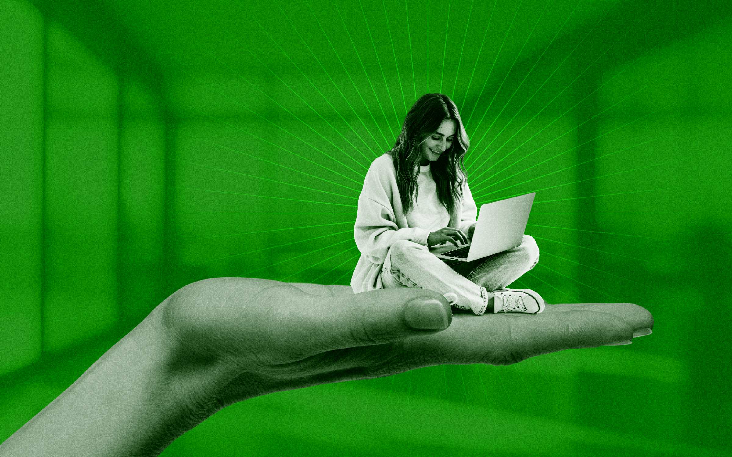 A person sits cross-legged on a large extended hand while using a laptop against a radiant green background, symbolizing seamless and personalized employee experiences where technology provides support, empowerment, and connection tailored to individual needs.