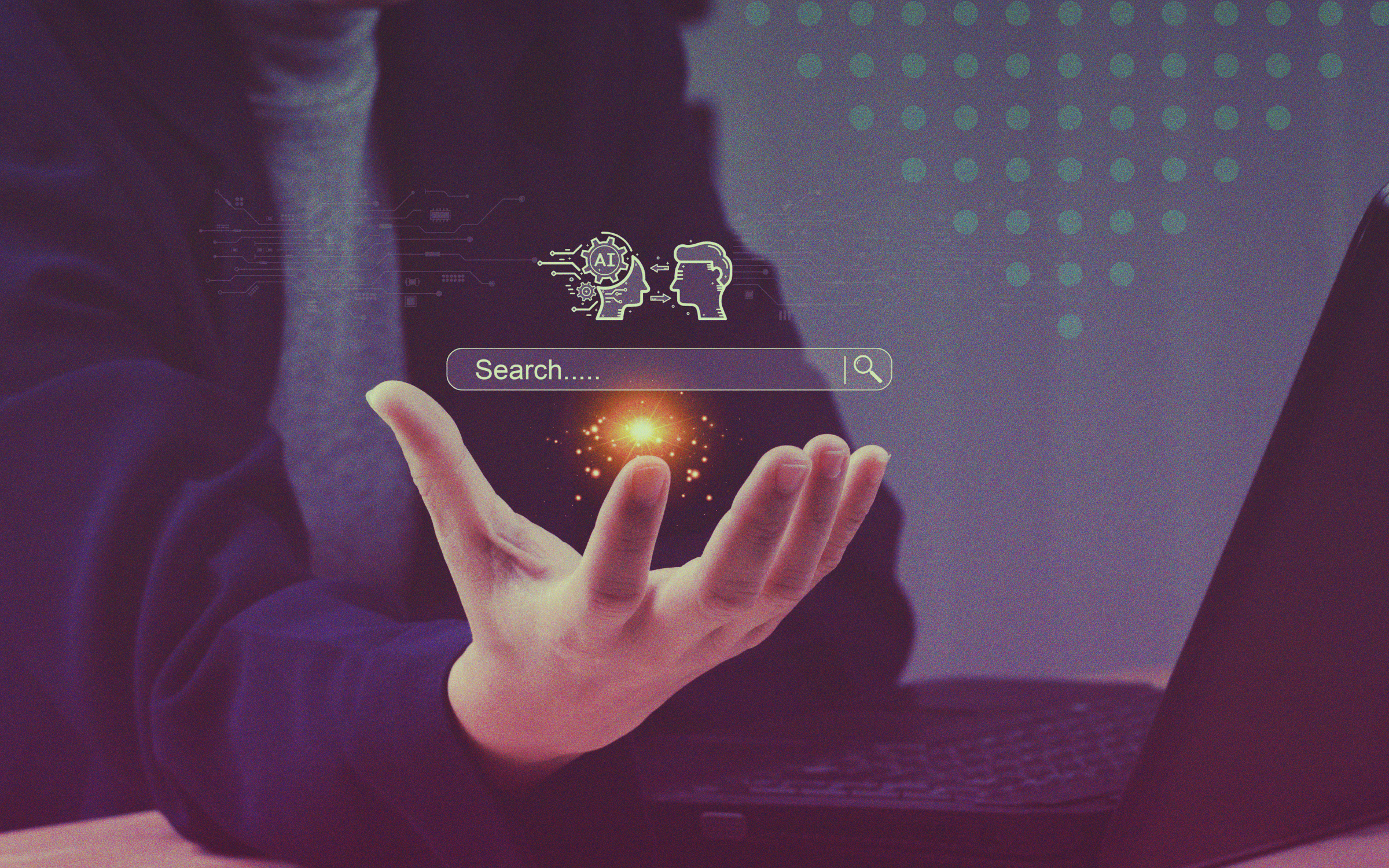 Person holding out one hand beneath a glowing digital search interface featuring a search bar, magnifying glass and AI icon, illustrating AI-powered search, answer engine optimization and how brands build authority and visibility across digital sources.