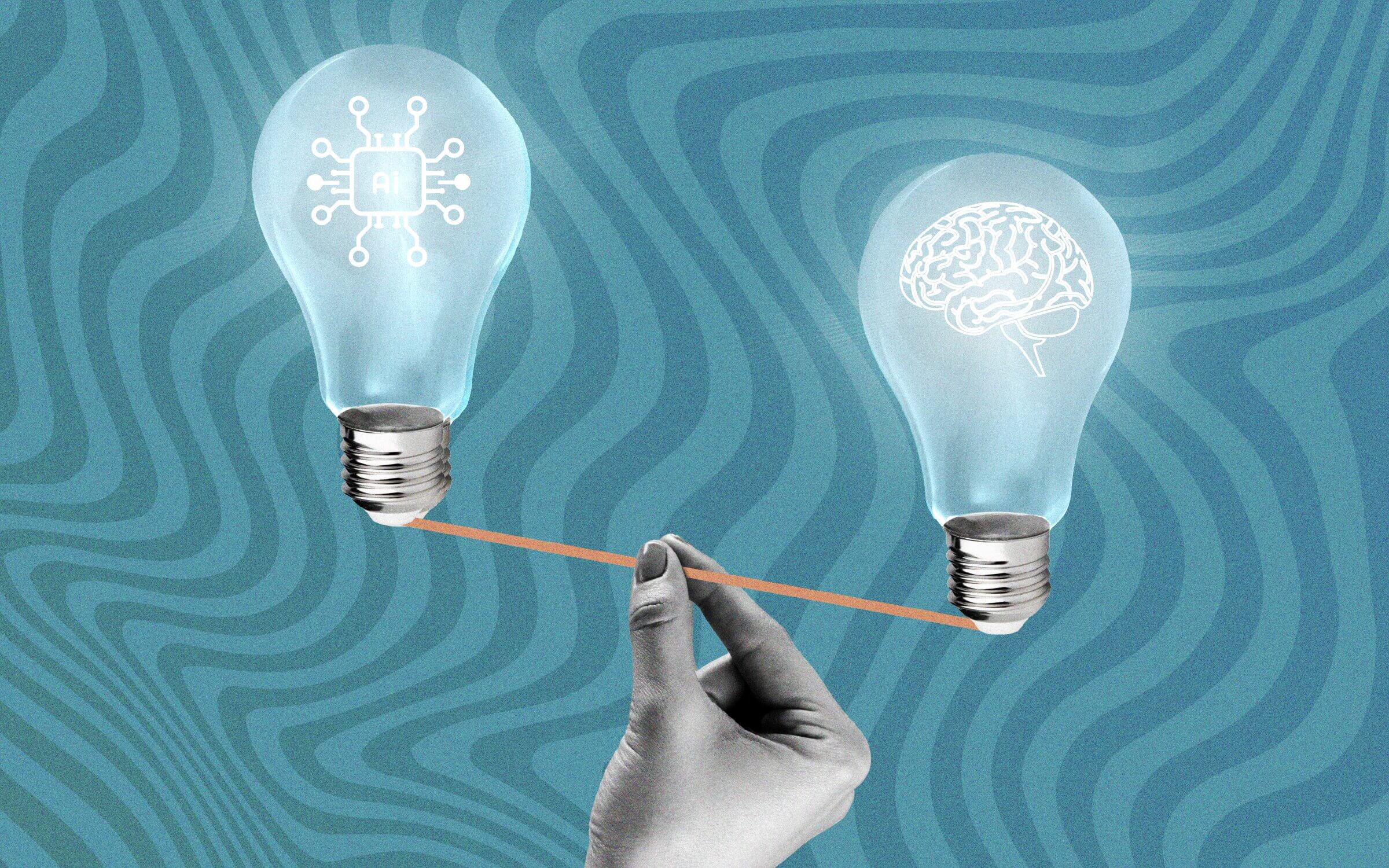 Conceptual illustration of two translucent lightbulbs balanced on opposite ends of a thin beam held at its center by a human hand. The bulb on the left contains a glowing microchip labeled “AI,” surrounded by circuit connections. The bulb on the right contains a glowing outline of a human brain. The balanced composition represents the importance of combining AI fluency with human expertise and judgment to build effective marketing teams.