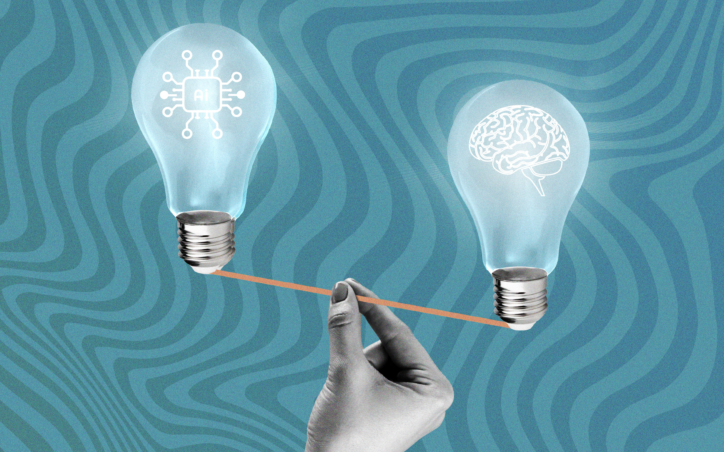 Conceptual illustration of two translucent lightbulbs balanced on opposite ends of a thin beam held at its center by a human hand. The bulb on the left contains a glowing microchip labeled “AI,” surrounded by circuit connections. The bulb on the right contains a glowing outline of a human brain. The balanced composition represents the importance of combining AI fluency with human expertise and judgment to build effective marketing teams.