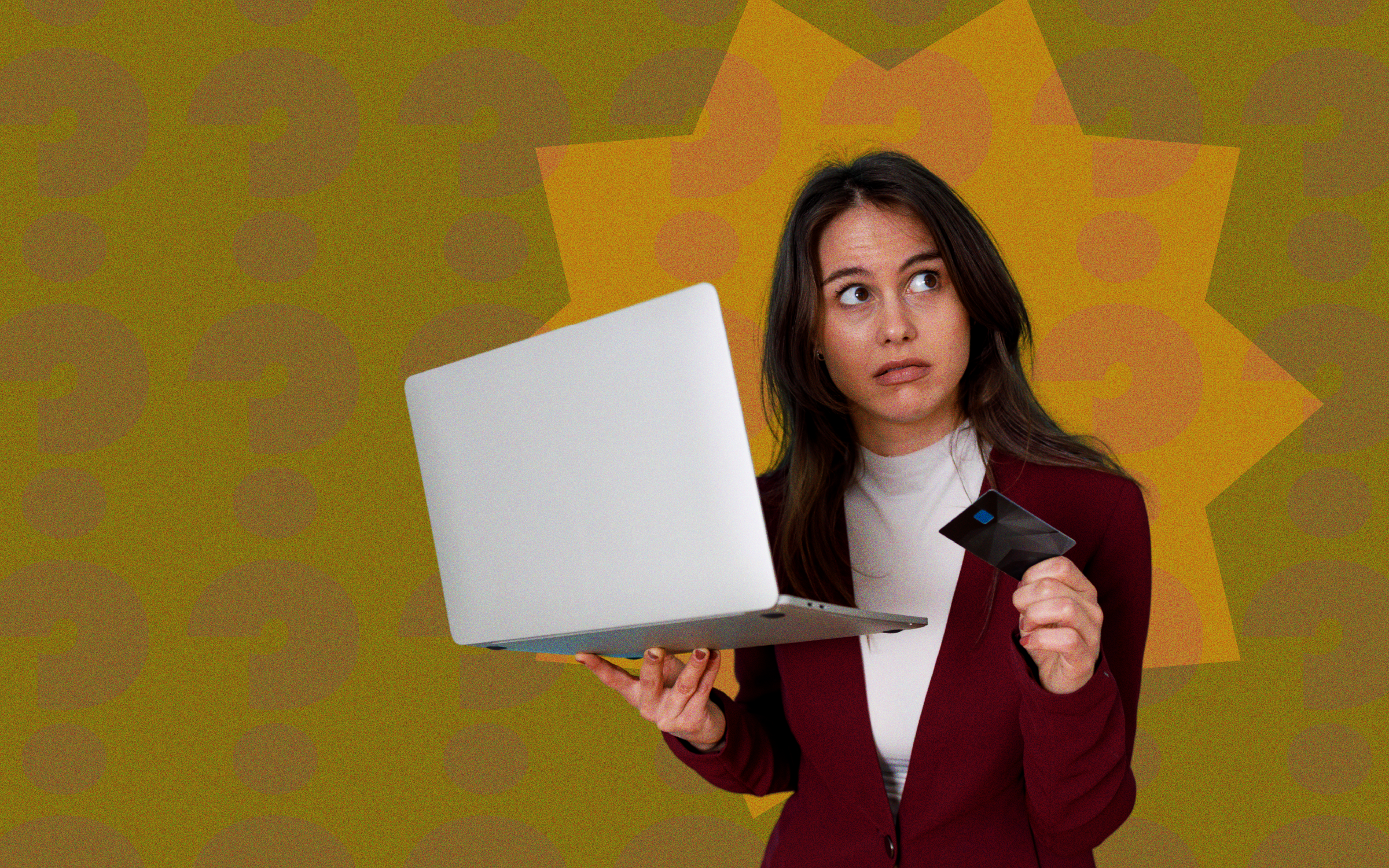 A concerned-looking woman in a burgundy blazer holds an open laptop in one hand and a black credit card in the other, glancing upward with an uncertain expression. She stands against a mustard-yellow background filled with oversized question marks and a starburst graphic, symbolizing buyer hesitation, purchasing anxiety and the fear of making a costly mistake. The image illustrates how perceived risk can influence purchasing decisions and why marketers must build buyer confidence and trust to overcome uncertainty.