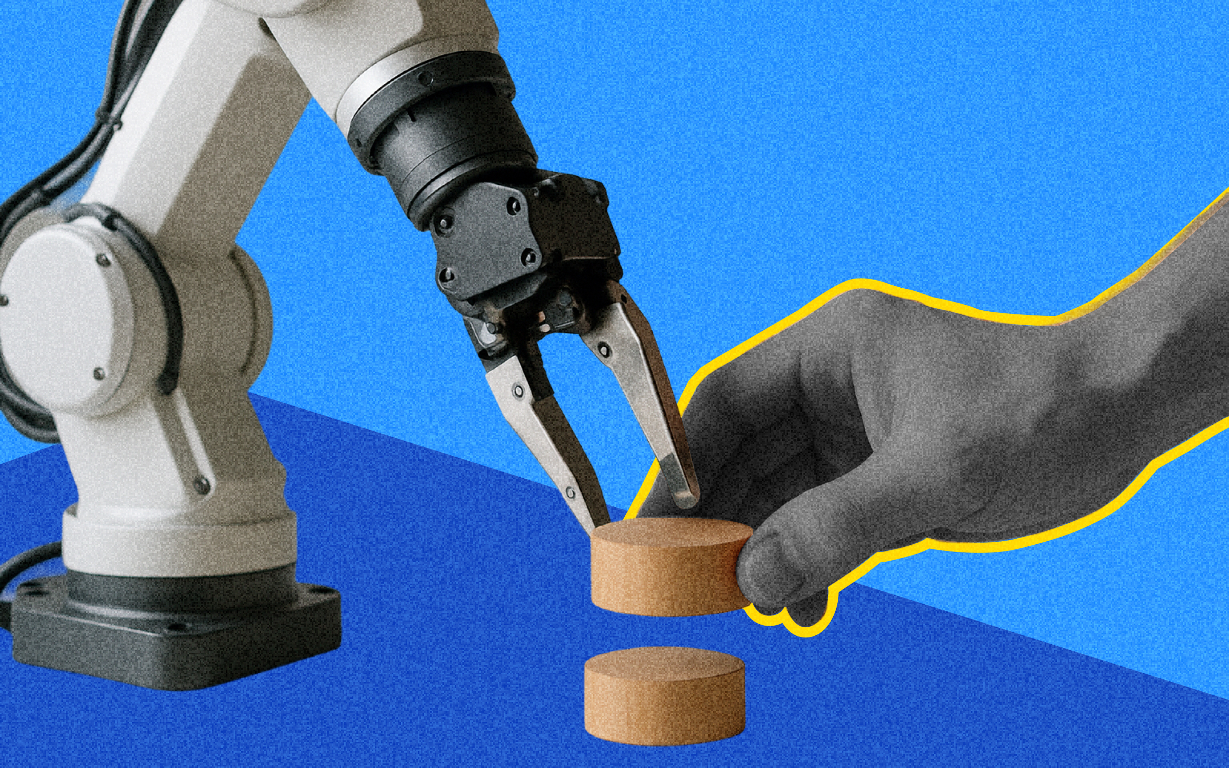 A clean, minimalist image showing a stylized robotic arm or interface alongside a human hand, performing a task together, symbolizing human-AI collaboration in automation.