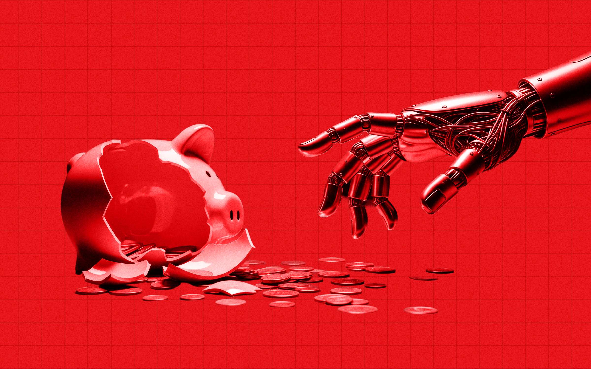 A robotic hand reaches toward coins spilling from a broken piggy bank in vivid red tones, symbolizing the economics of building AI companies and fundraising, highlighting disruption, financial risk, and the transformative impact of artificial intelligence on capital and investment.