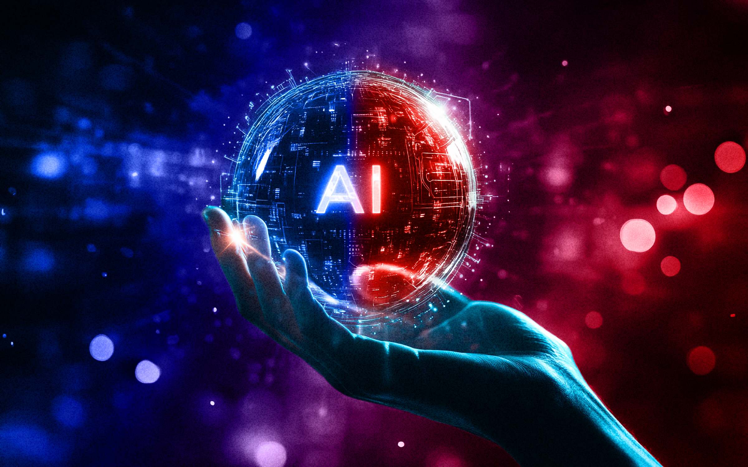 A hand holds a translucent blue and red sphere with the words AI on a blue and red background, representing both the future potential and risks of advanced AI systems.