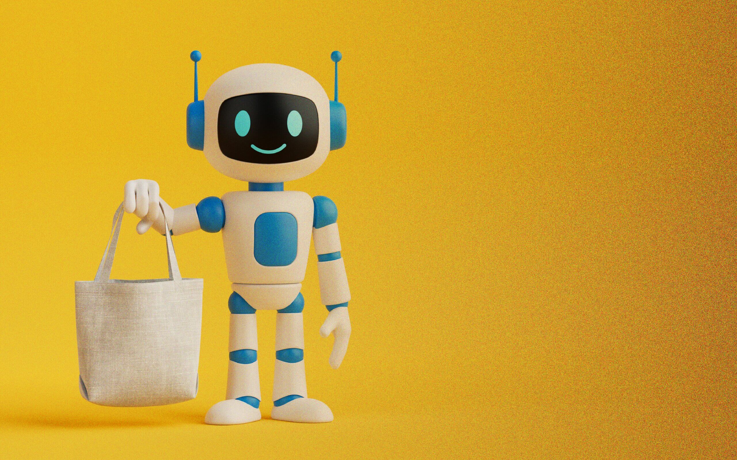 A robot holds a shopping bag against a yellow background, representing AI-powered commerce, AI agents as consumers, and AI-automated assistants.