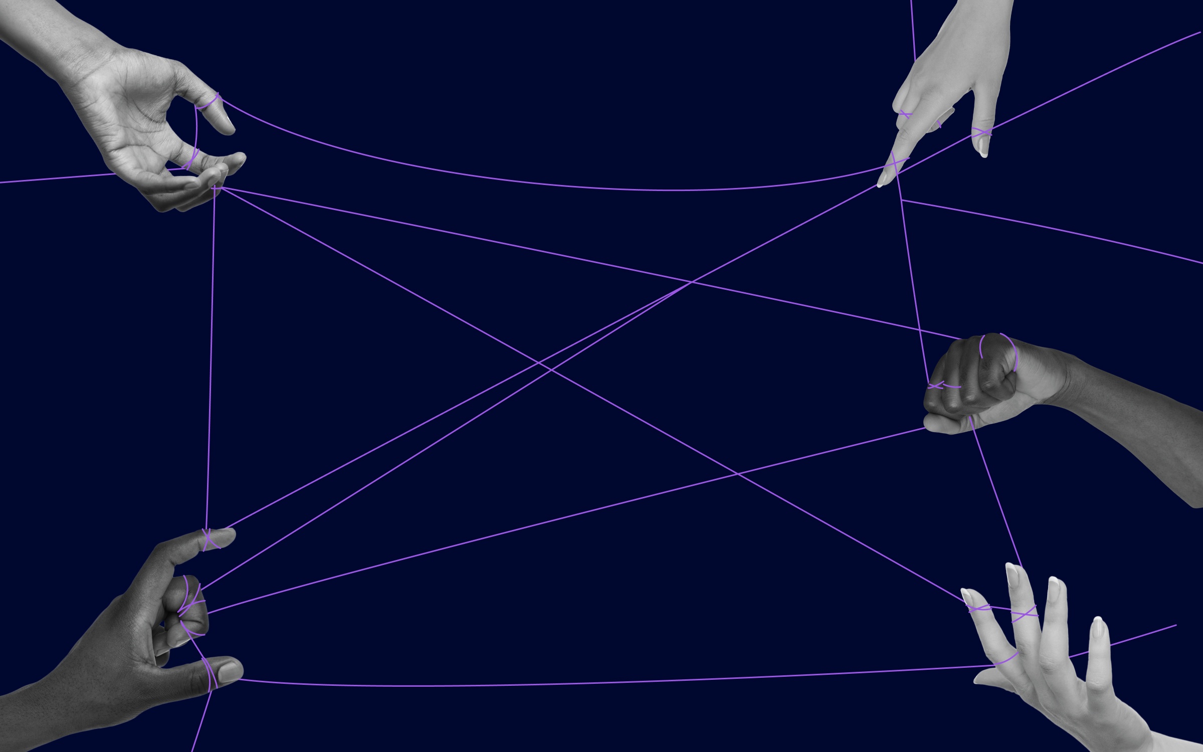 Conceptual illustration of six grayscale hands reaching in from the edges of a dark navy background, their fingers connected by thin, intersecting purple threads that form an intricate web. The interconnected hands symbolize collaboration, shared creativity and community participation, reflecting how brands can foster authentic co-creation by bringing customers, fans and employees together while allowing them to contribute their own ideas and perspectives.