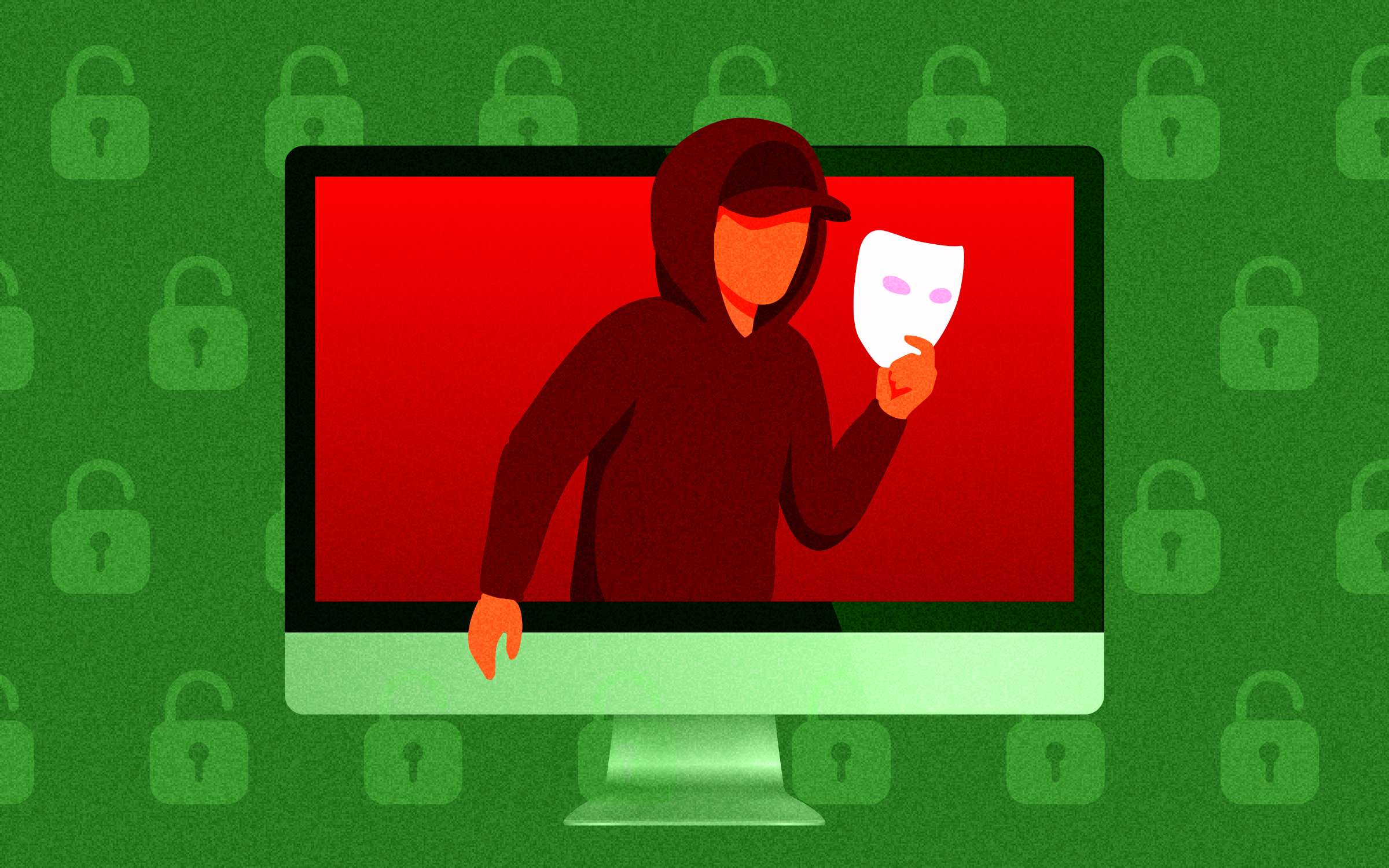 Illustration depicting a hooded cybercriminal emerging from a desktop computer screen with a bright red background, holding a white mask with pink eye openings to symbolize identity deception and impersonation. The figure wears a dark red hoodie and baseball cap, with its face obscured, suggesting anonymity and malicious intent. The computer sits against a textured green background patterned with padlock icons representing digital security. The image illustrates social engineering and cybersecurity threats in which attackers impersonate employees or IT help desk personnel to trick their targets into revealing credentials, granting unauthorized access or compromising corporate systems.
