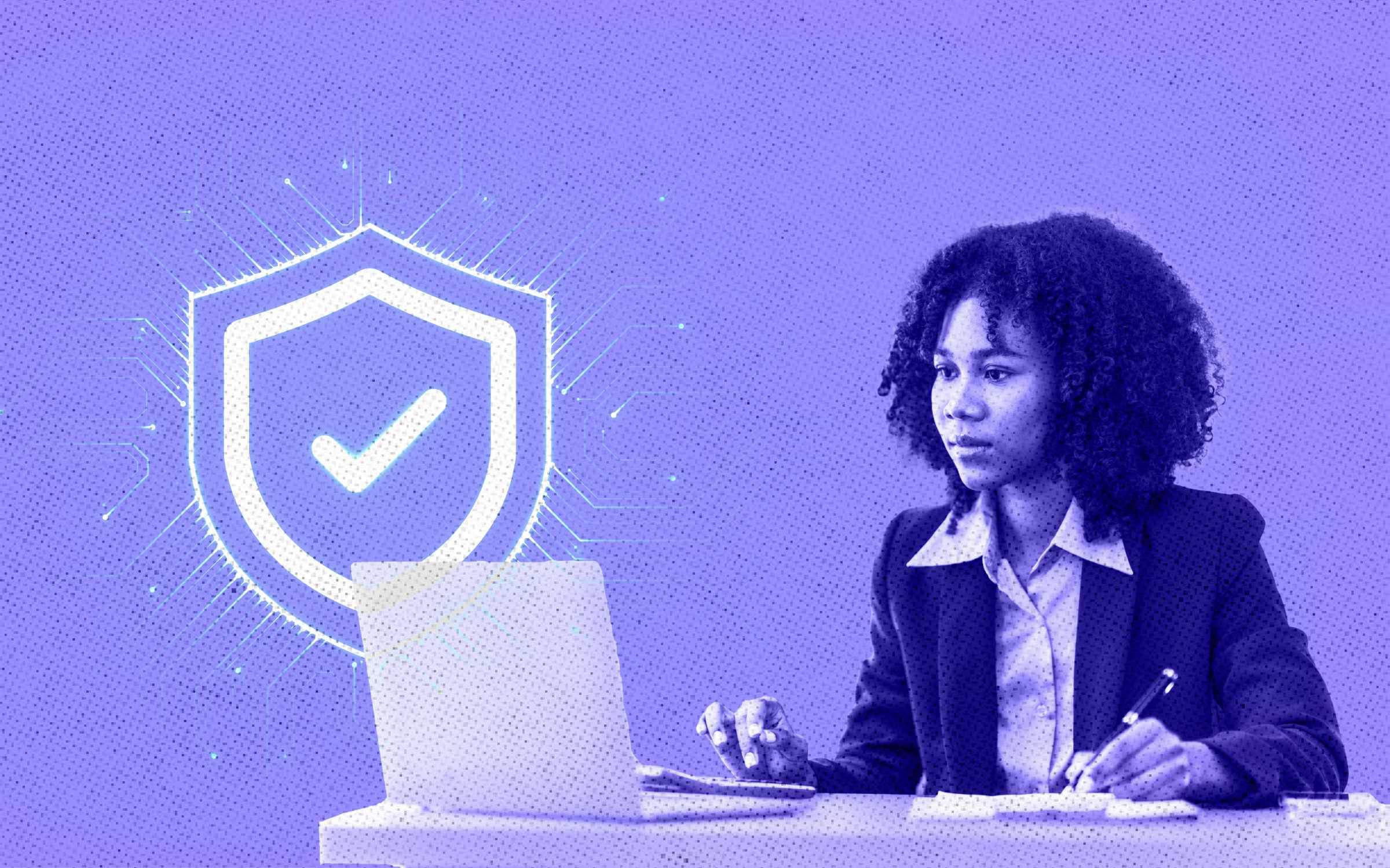Purple-toned illustration of a business leader working at a laptop beside a glowing shield with a check mark, symbolizing cybersecurity readiness, cyber exercises and organizational preparation for a real-world attack.