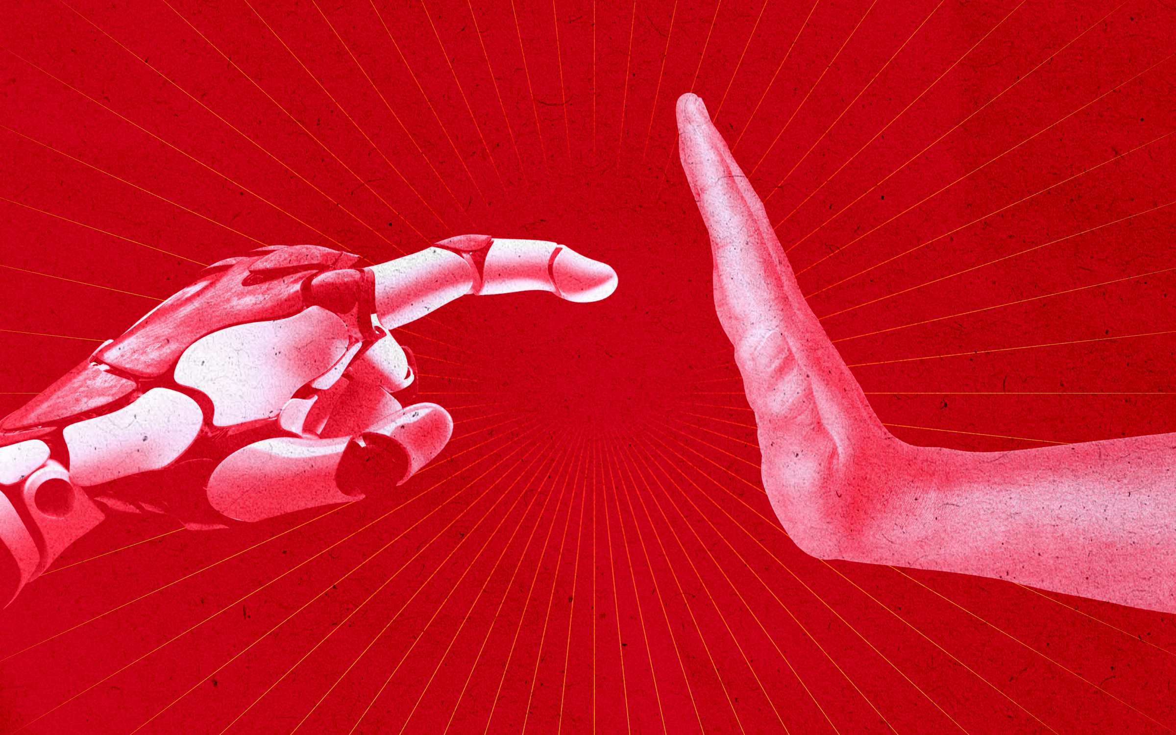 Stylized illustration of a white robotic hand reaching toward a human hand raised in a stop gesture against a vivid red background with radiating orange lines. The contrasting hands symbolize the growing threat of AI-enabled cyberattacks and the need for collective cyber defense, coordinated threat intelligence sharing and human oversight to protect organizations from emerging security risks.
