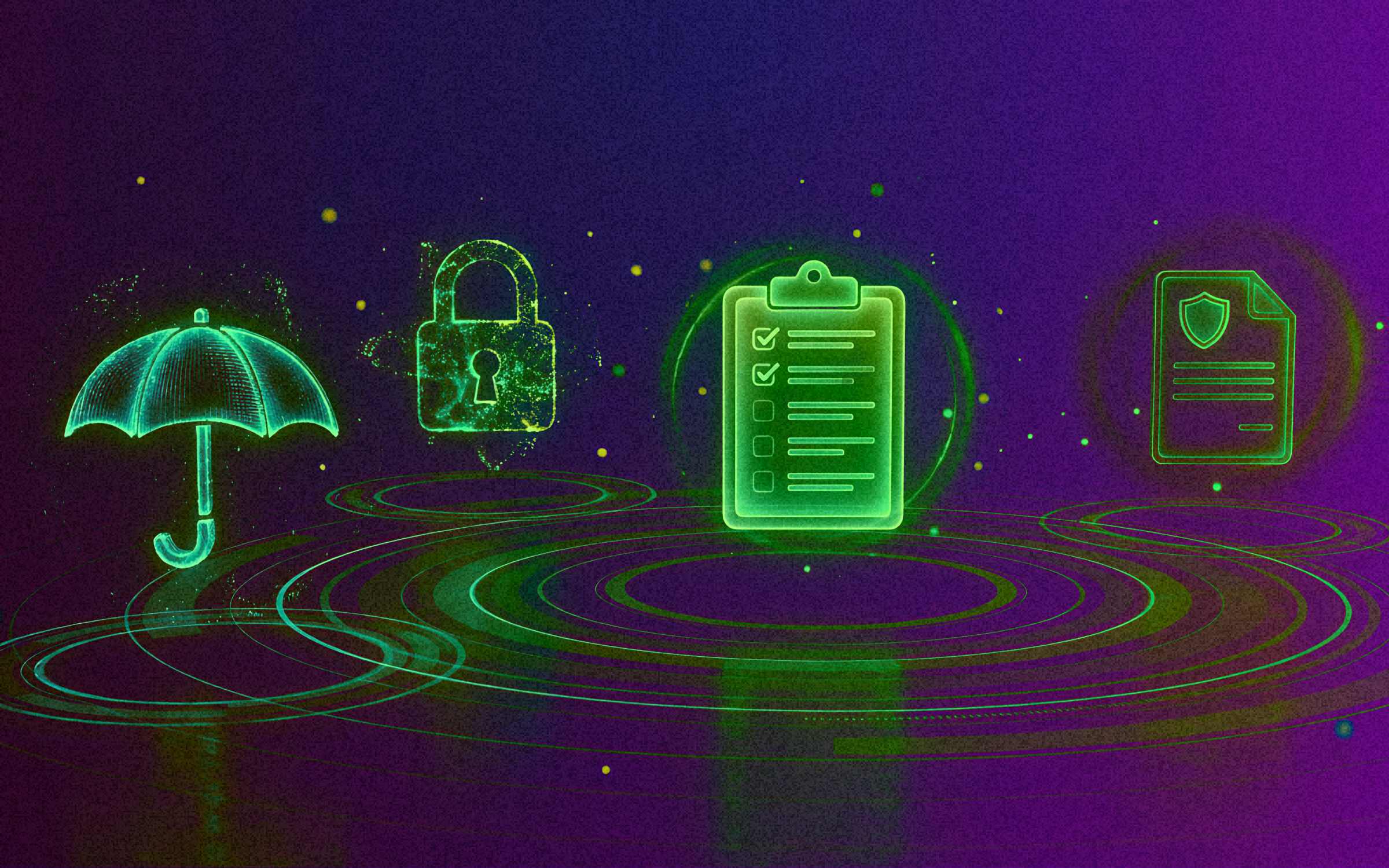 Digital illustration of four glowing neon-green cybersecurity symbols against a dark purple background. From left to right, the symbols depict an umbrella representing protection against cyber threats, a padlock symbolizing access controls and data security, a checklist representing security policies and ongoing compliance practices and a document bearing a shield representing security governance and risk management. Concentric green and purple rings spread beneath the symbols, while scattered glowing particles create a futuristic, technology-focused atmosphere. The illustration emphasizes the foundational safeguards and consistent security practices organizations need to maintain effective cybersecurity defenses.