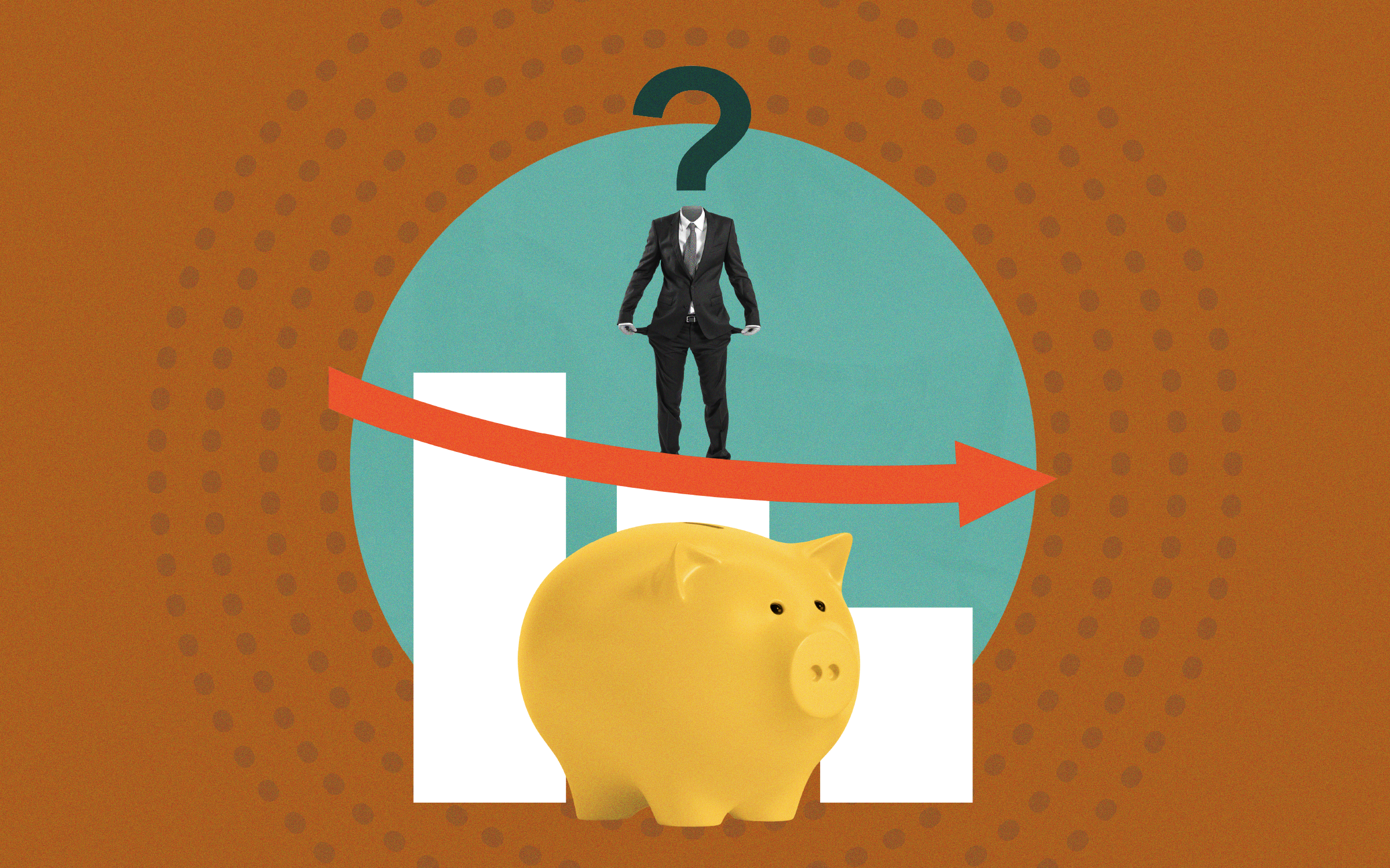 composition featuring a piggy bank, a man in suit with a question symbol for a head showing empty pockets, and a graph showing a decreasing metric.