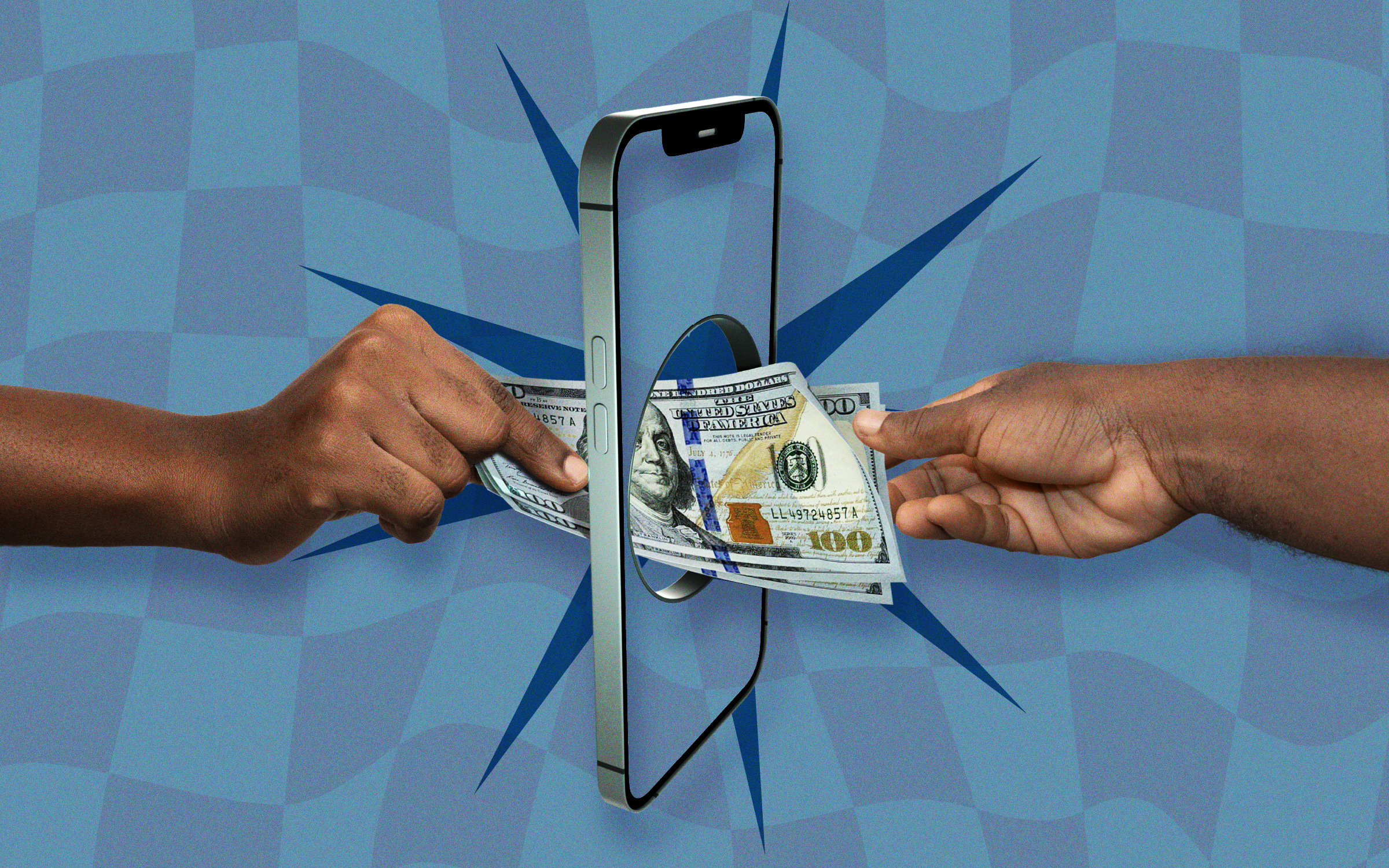 image of two hands handing money to each other and the money is literally going through a smartphone