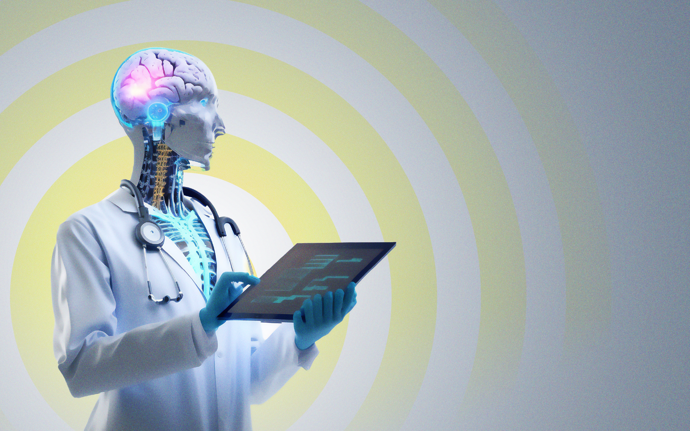 AI robot in a doctor's uniform holds a tablet on a yellow and white background, representing AI in healthcare.
