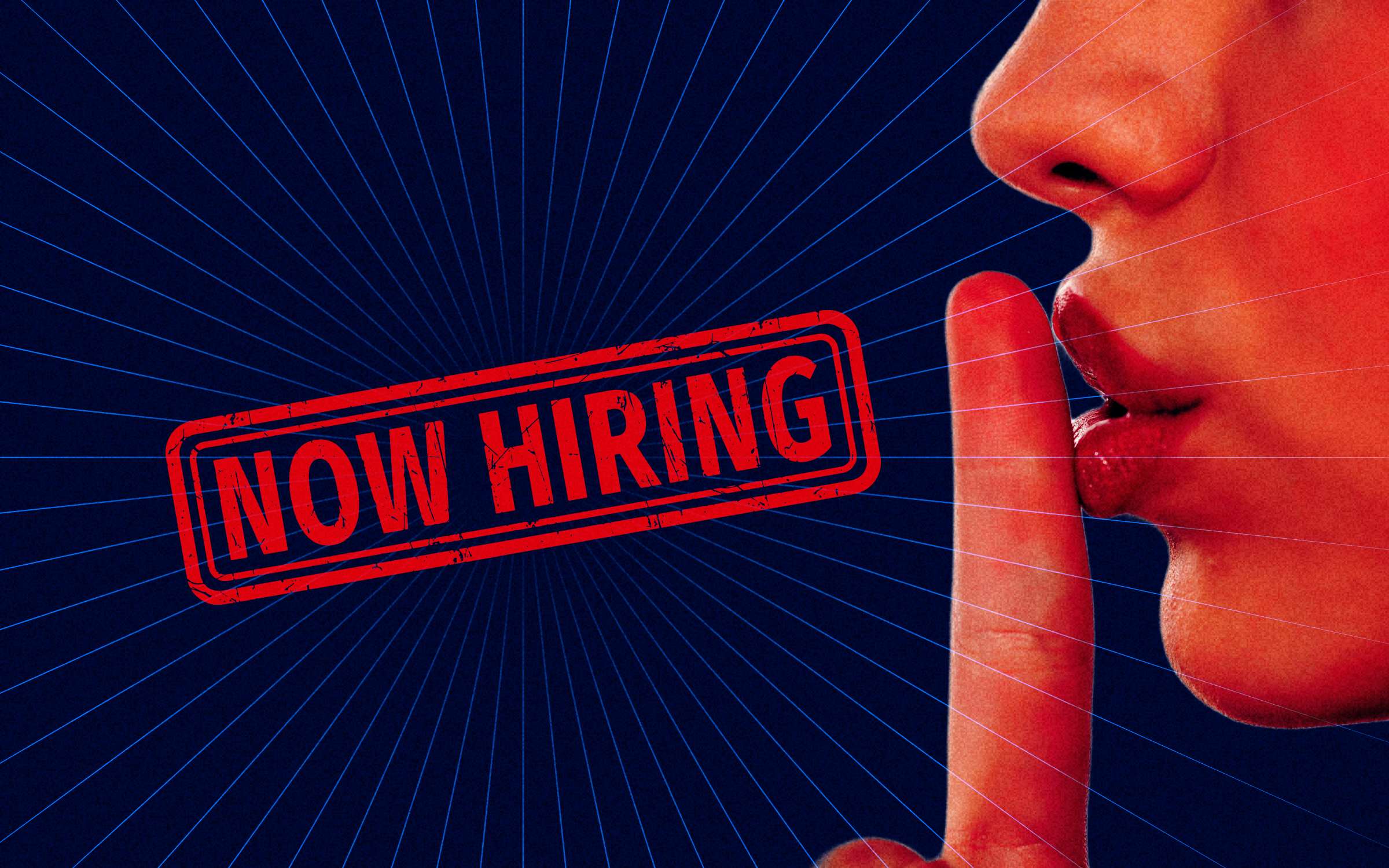 A person makes a “shushing” gesture with a bold “NOW HIRING” stamp overlay, symbolizing quiet hiring in HR through confidential recruitment, discreet employment practices, and subtle workforce expansion.